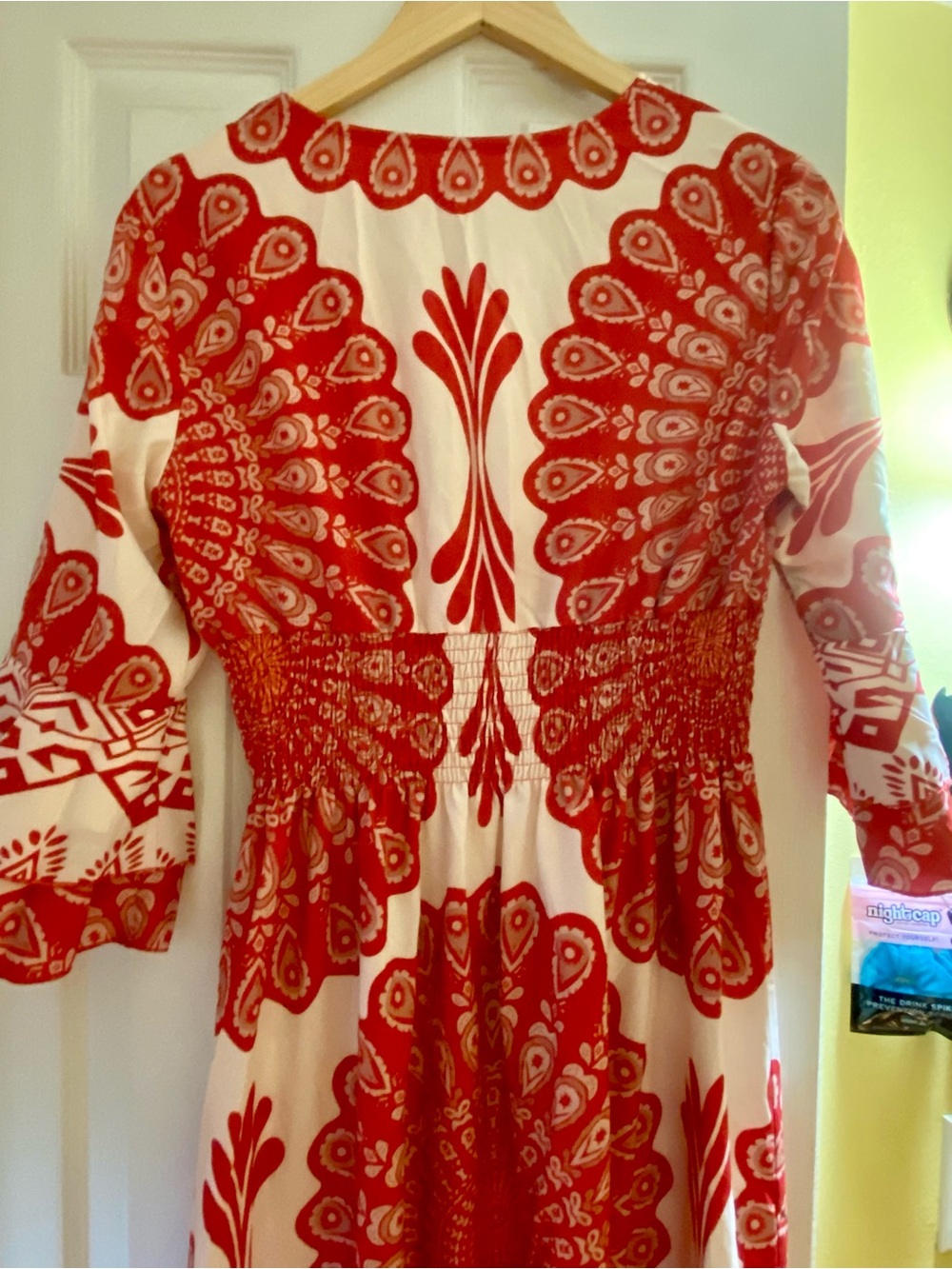 Red and White Patterned V-Neck Women's Dress - Picture 8 of 8